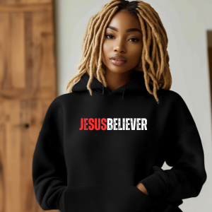 Person wearing a black hoodie with 'JESUS BELIEVER' text.